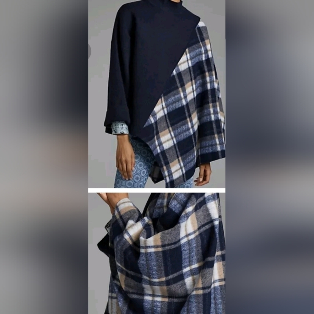 Anthropologie Navy Plaid Poncho Wrap